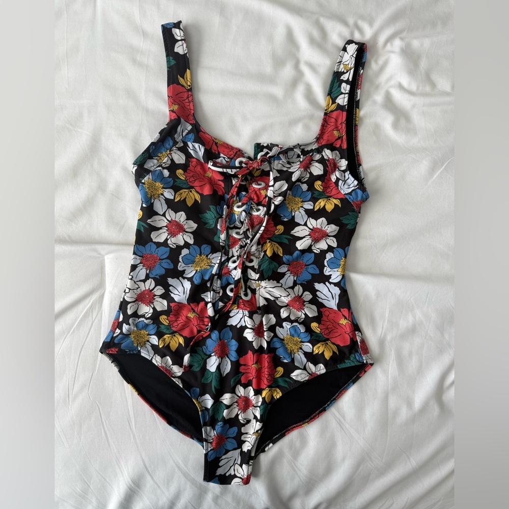 Zara floral lace up one piece swimsuit medium dark bold scoop back
